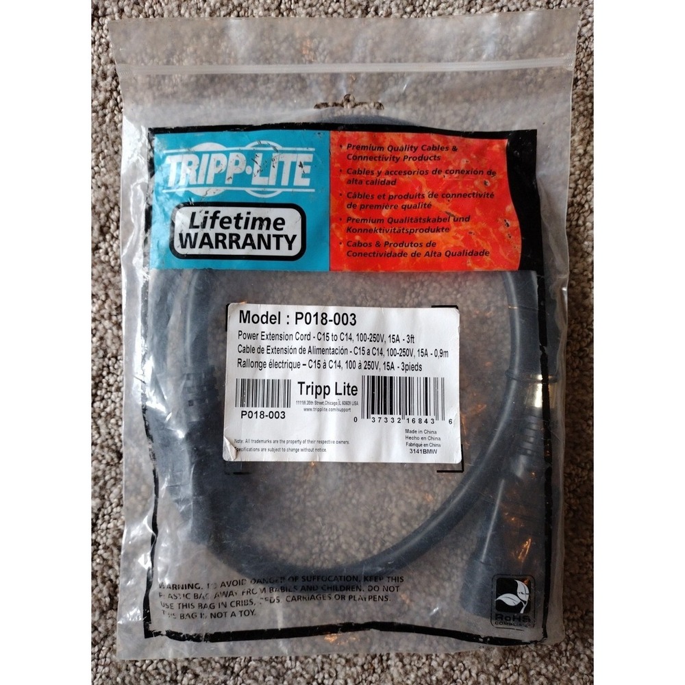 NEW!! Tripp-Lite P018-003 Power Extension Cord - C15 to C14, 100-250V, 15A - 3ft